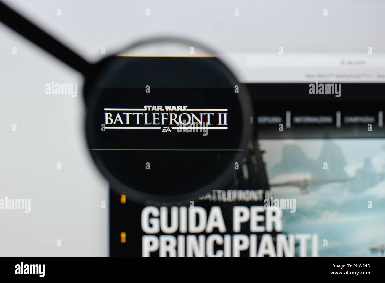 Milan, Italy - August 20, 2018: Star Wars Battlefront II website homepage. Star Wars Battlefront II logo visible. Stock Photo
