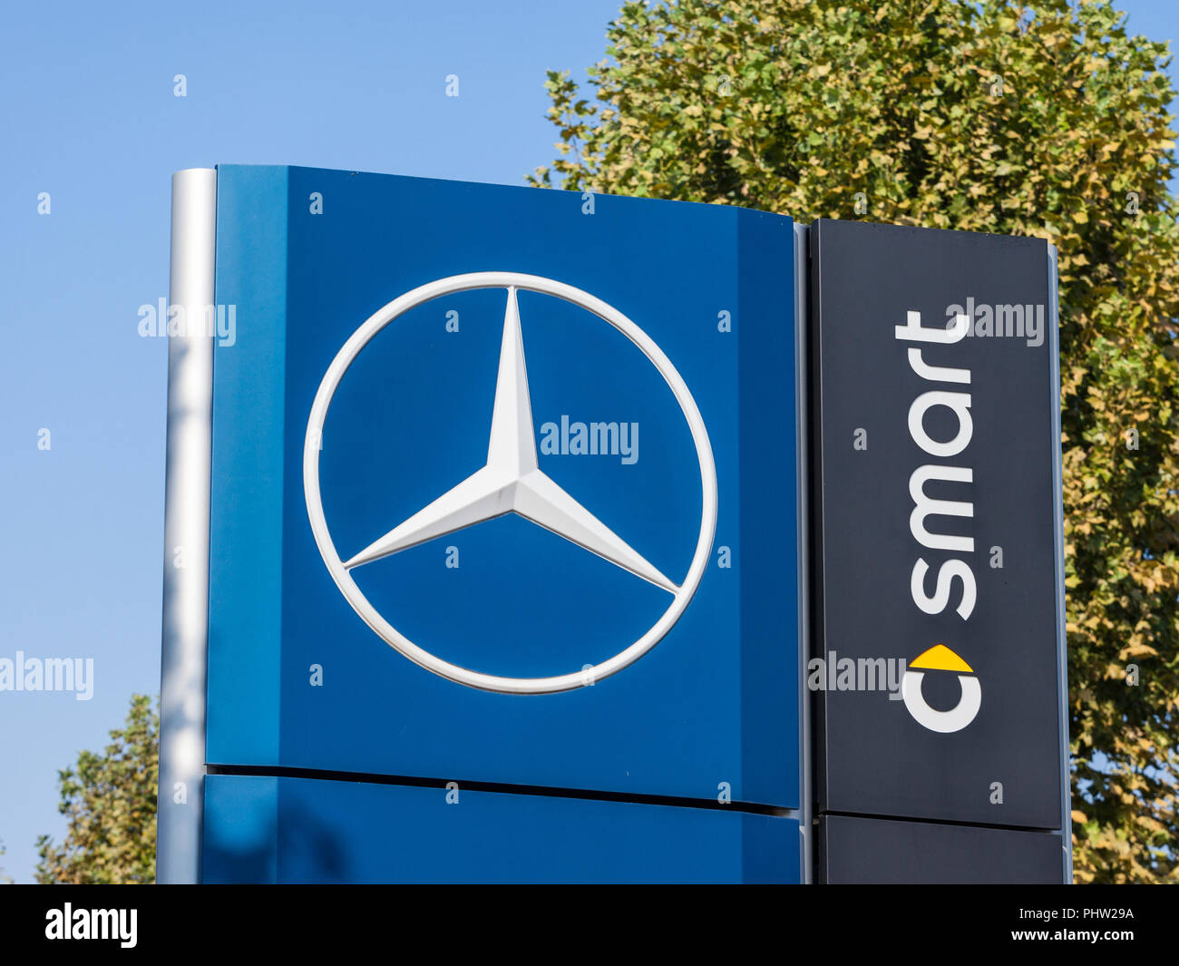 BELGRADE, SERBIA - SEPTEMBER 1, 2018: Mercedes Benz logo on their main dealership store Belgrade. Part of Daimler Group, Mercedes Benz is a German car Stock Photo