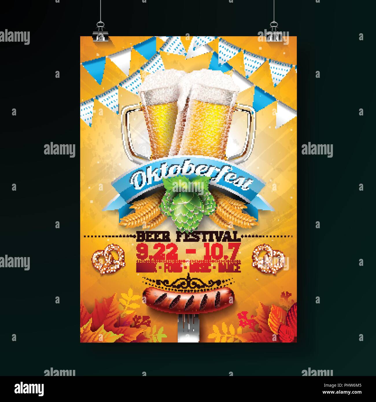 Oktoberfest party poster illustration with fresh lager beer, pretzel ...