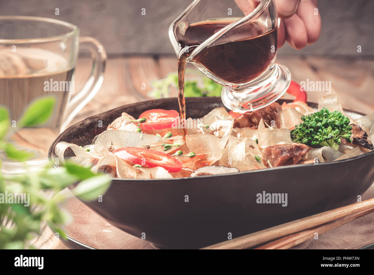 Hot asian spicy dish thick cut glass noodles mung fungosa beans in