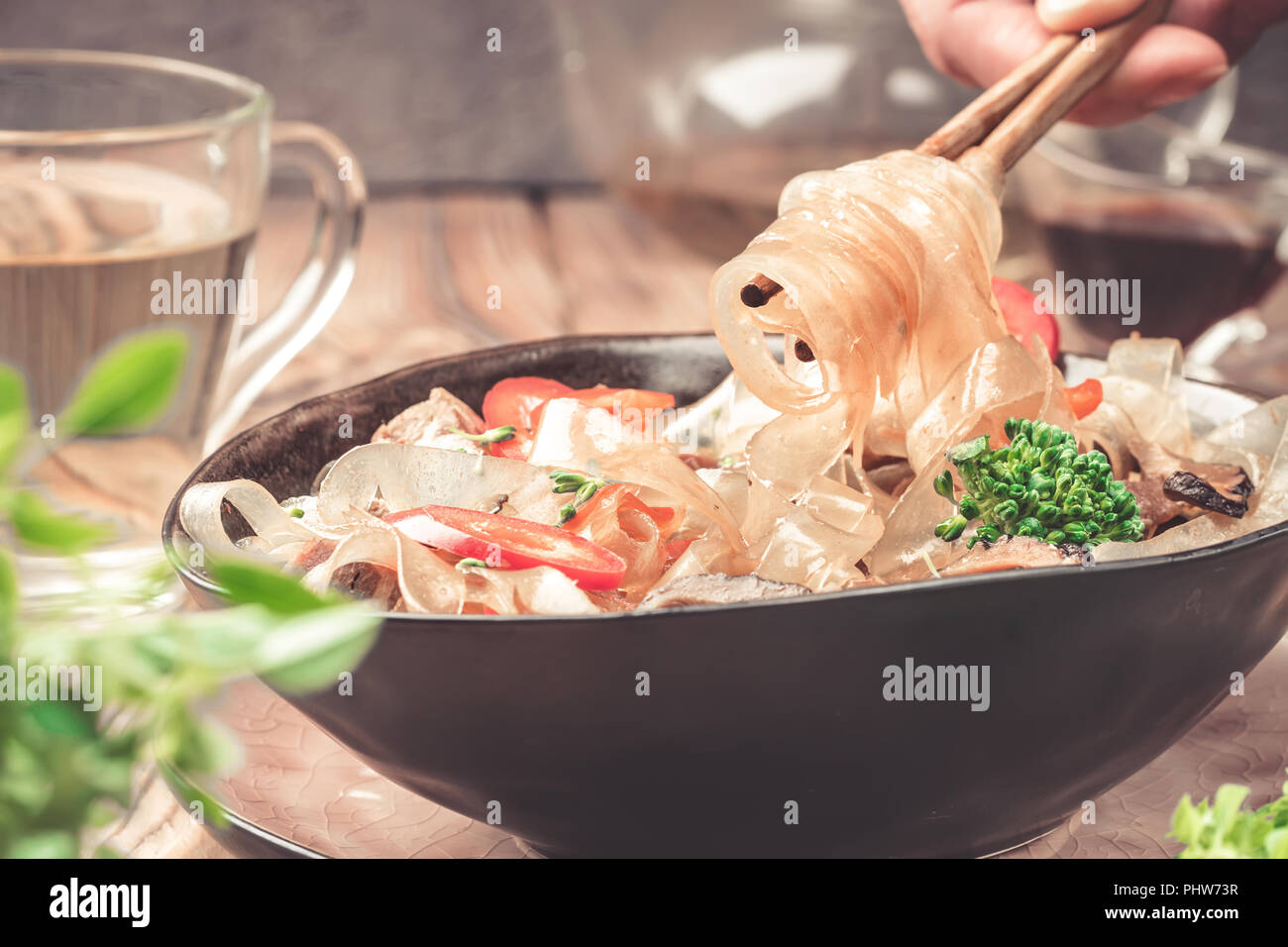 Hot asian spicy dish thick cut glass noodles mung fungosa beans in