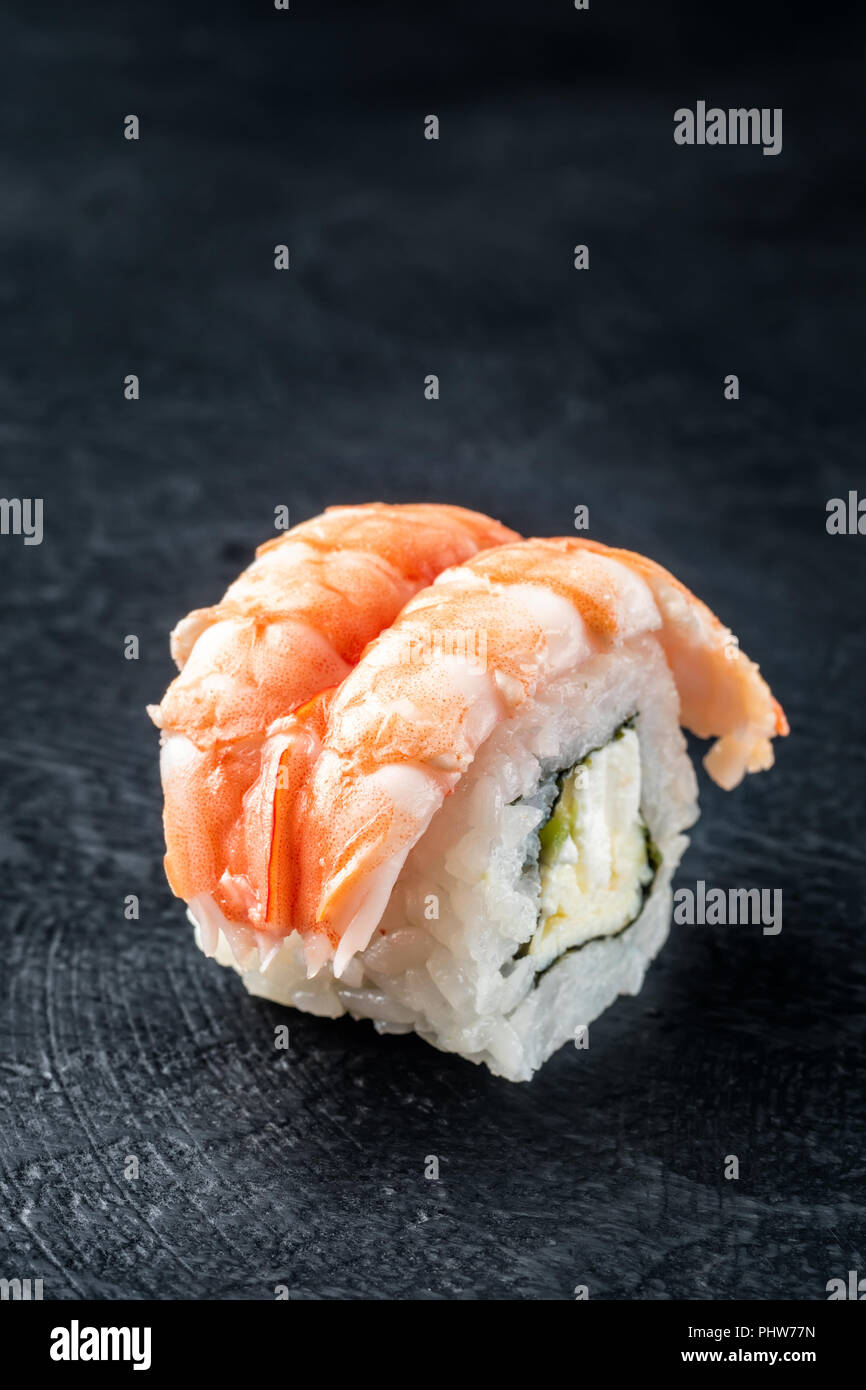 Sushi rolls of fresh shrimps rice and Philadelphia cheese Stock Photo