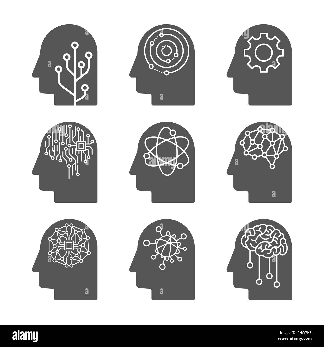 Artificial Intelligence icon set. AI heads. Deep machine learning concept Stock Vector
