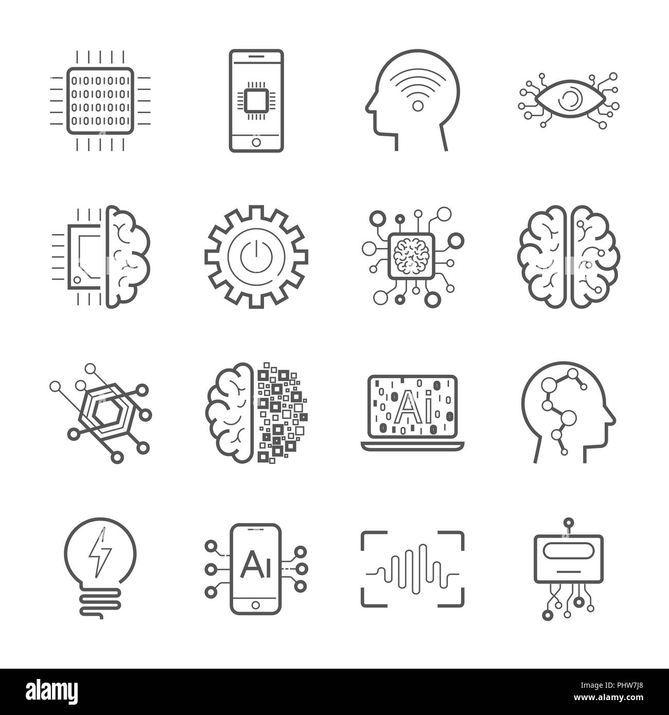 Internet of Things IOT , Artificial Intelligence AI , Innovative Smart Cyber Security Digital Information Technologies IT Vector Icon Set. Industry 4.0 Stock Vector