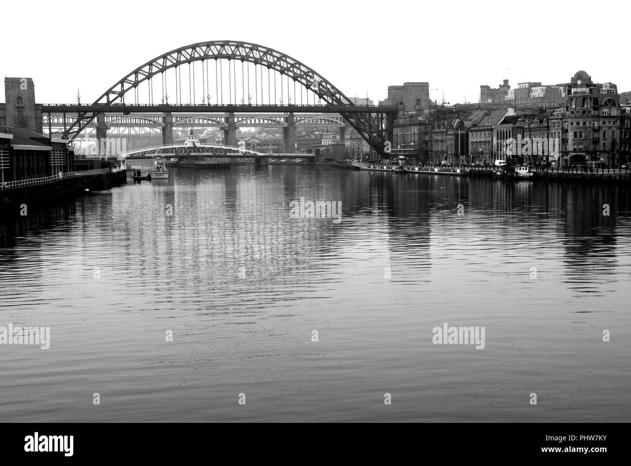 The River Tyne, the Tyne Bridge and views of Gateshead and Newcastle, taken from the bridge 'Eye'. Stock Photo