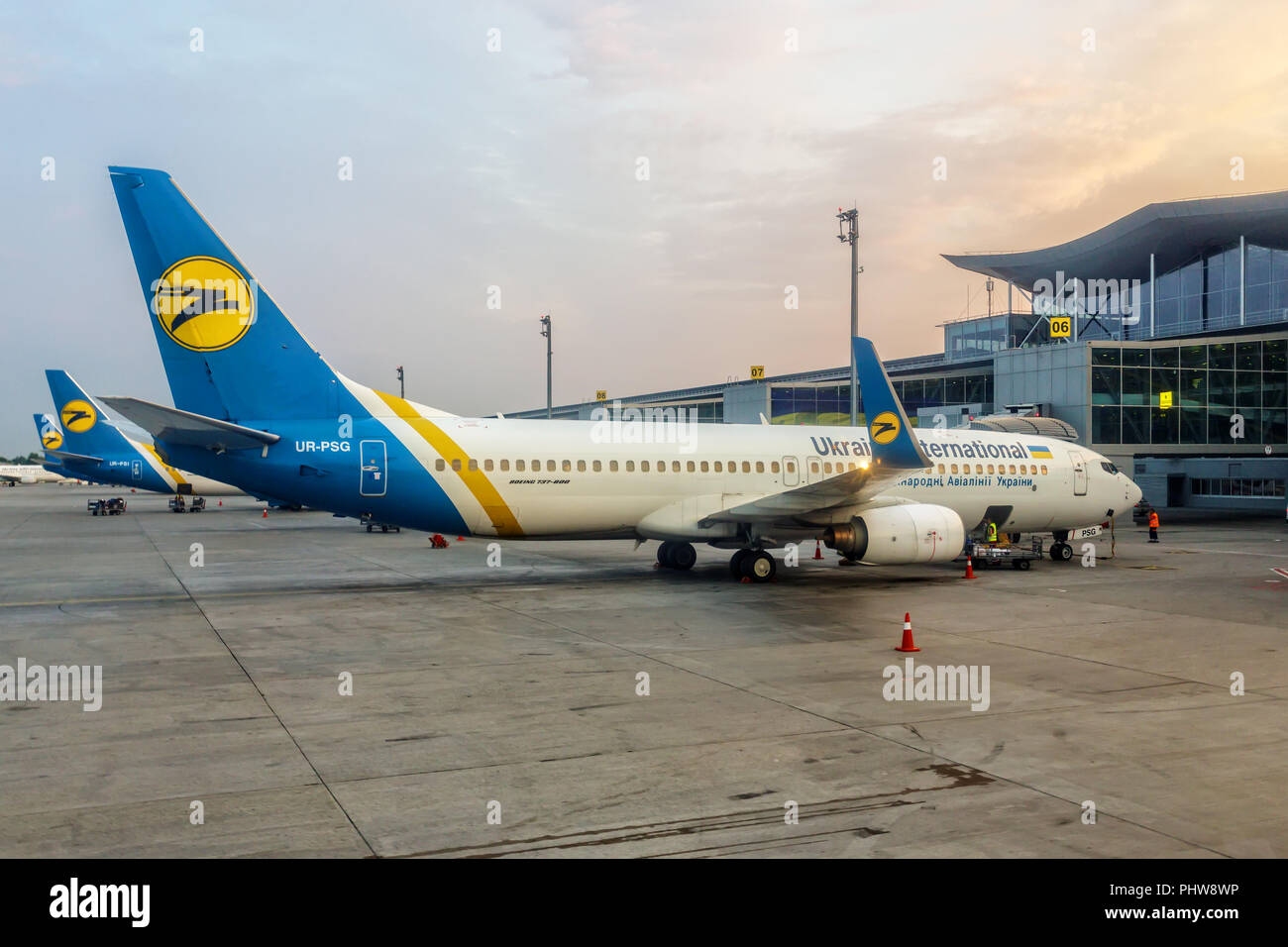 KIEV, UKRAINE - August 22, 2016: In the parking lot at Zhulyany airport Boeing 737-800 (UR-PSP) airline 'Ukraine International Airlines' Stock Photo