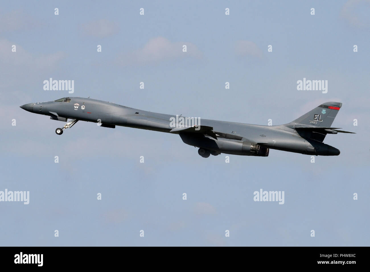 Rockwell B-1B Lancer from the 34th Bomb Squadron at Ellsworth AFB, South Dakota climbing out of RAF Mildenhall, Suffolk after a brief fuel stop. Stock Photo