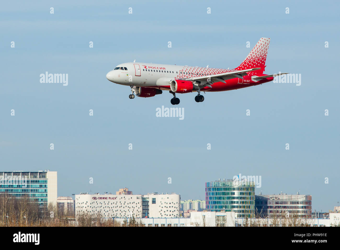 SAINT PETERSBURG, RUSSIA - APRIL 09, 2017: Flying the Airbus A319-111  (VQ-BAT) airline «Rossiya - Russian Airlines». Aircraft name  «Novokuznetsk». The Stock Photo - Alamy