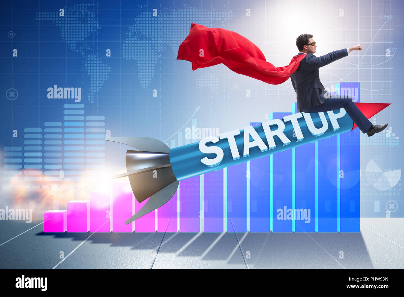 Superhero businessman in start-up concept flying rocket Stock Photo - Alamy