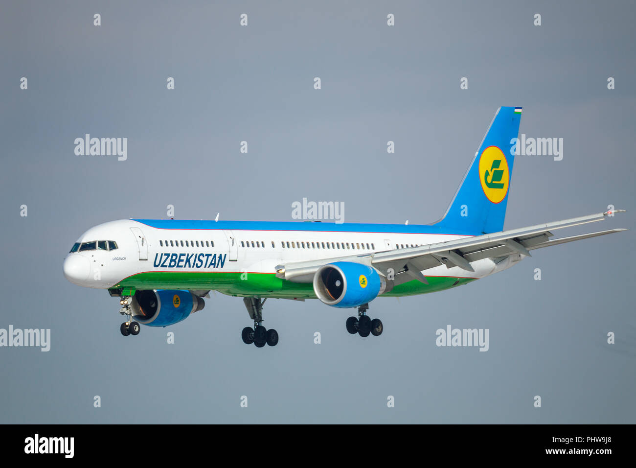 SAINT PETERSBURG, RUSSIA - APRIL 19, 2017: Flying the Boeing 757-23P (UK75701) airline «Uzbekistan Airways». The plane goes on landing at Pulkovo airp Stock Photo