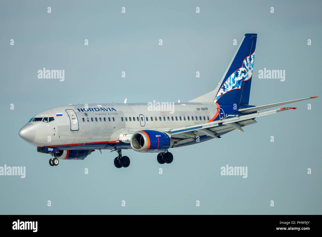 SAINT PETERSBURG, RUSSIA - APRIL 19, 2017: Flying the Boeing 737-505 (VP-BRP) airline «Nordavia». The plane goes on landing at Pulkovo airport. Stock Photo