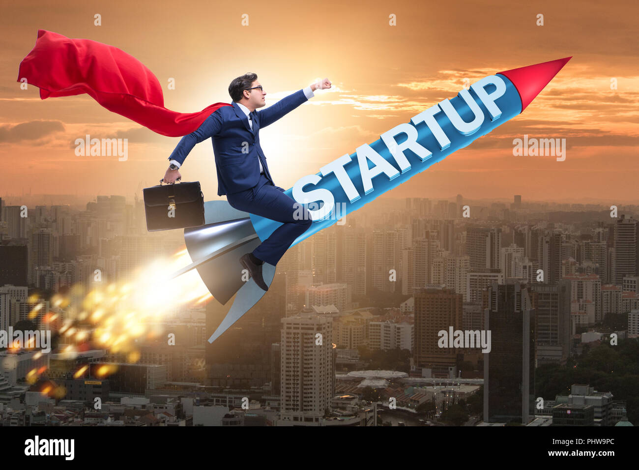 Superhero businessman in start-up concept flying rocket Stock Photo - Alamy