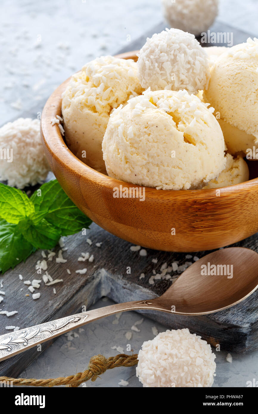 Wooden bowl with coconut ice cream Stock Photo Alamy
