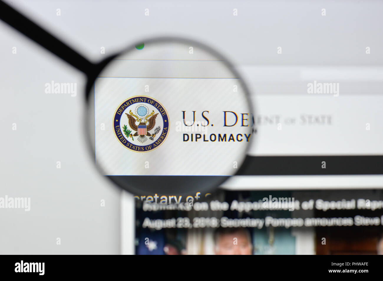 Milan, Italy - August 20, 2018: Department of State website homepage. Department of State logo visible. Stock Photo