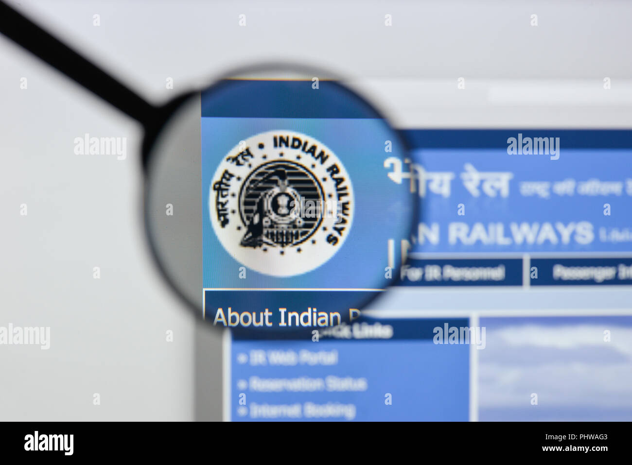 Milan, Italy - August 20, 2018: India Railways website homepage. India Railways logo visible. Stock Photo