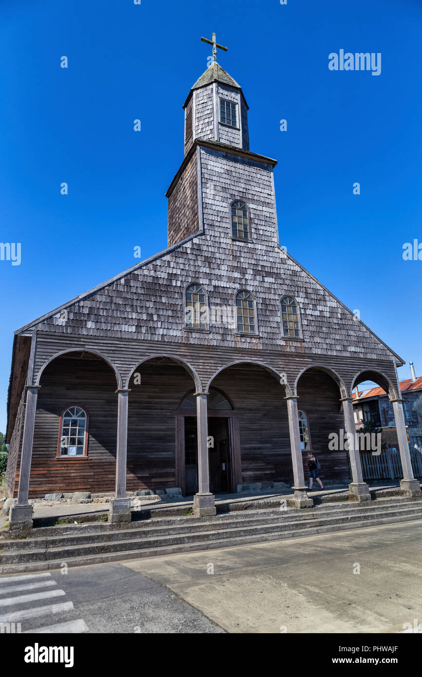 Wooden church of Santa Maria de Loreto, Achao island near Chiloe, Los Lagos region, Chile Stock Photo