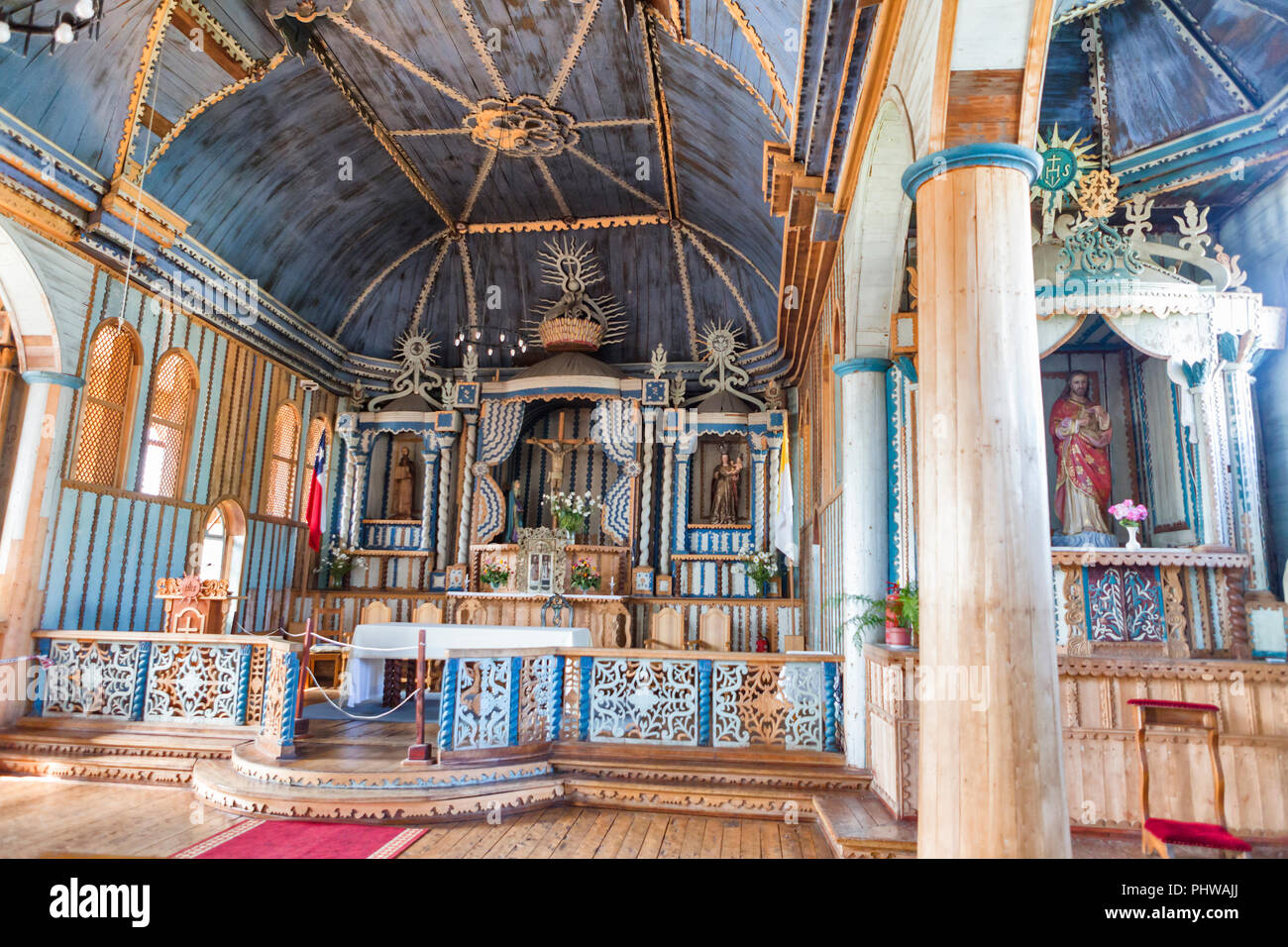 Wooden church of Santa Maria de Loreto interior, Achao island near Chiloe, Los Lagos region, Chile Stock Photo
