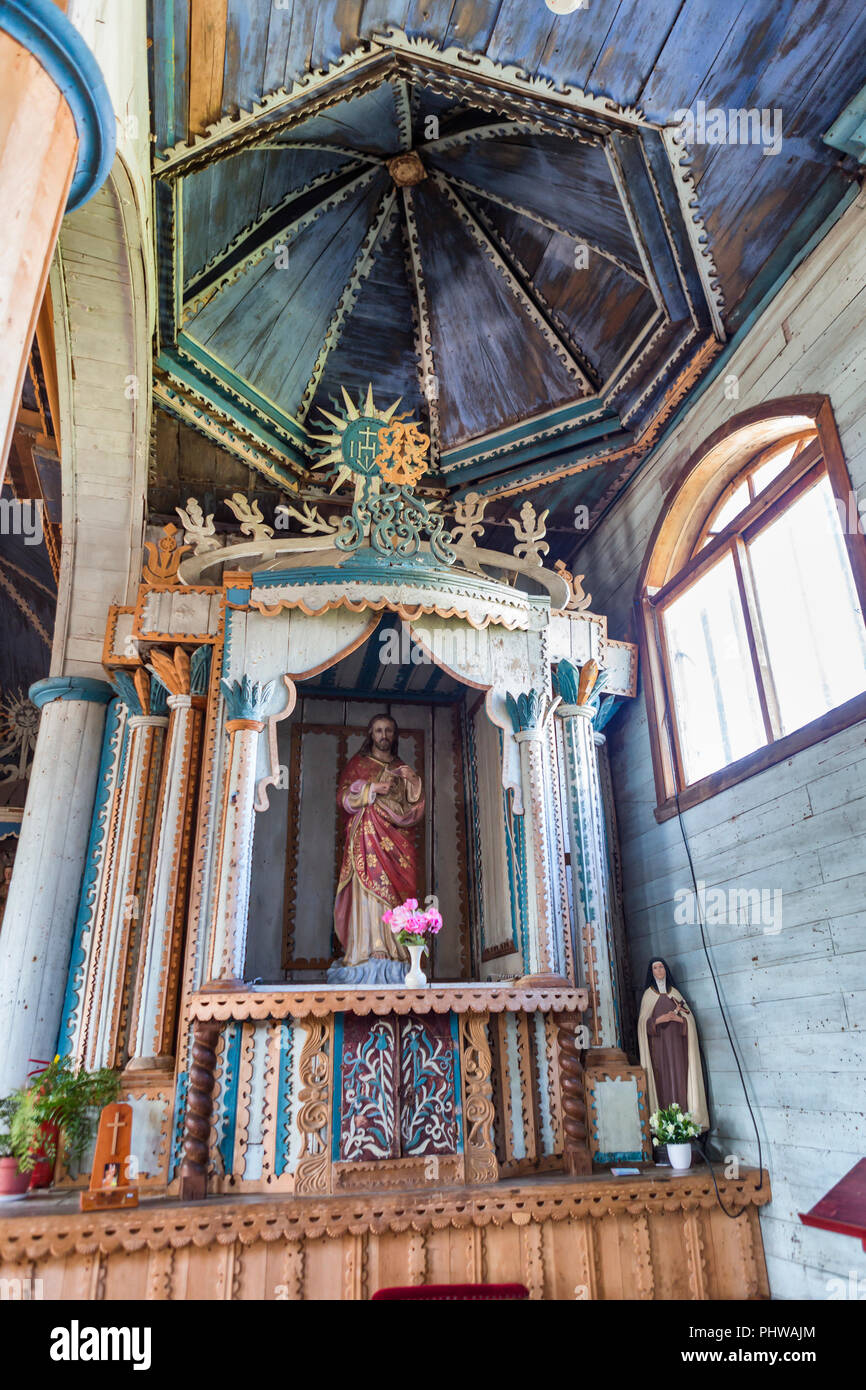 Wooden church of Santa Maria de Loreto interior, Achao island near Chiloe, Los Lagos region, Chile Stock Photo