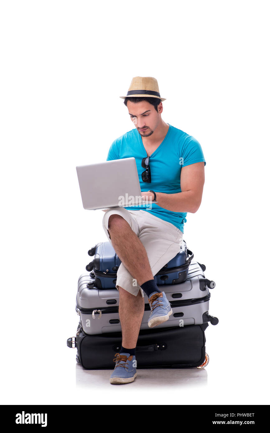 Freelancer working on the go isolated on white Stock Photo