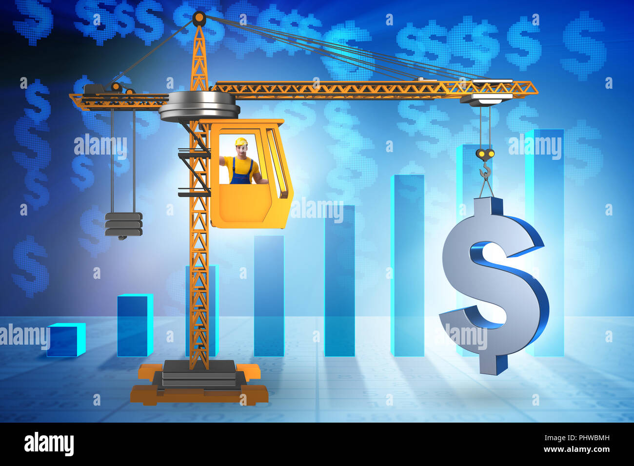 Construction crane lifting dollar in currency business concept Stock
