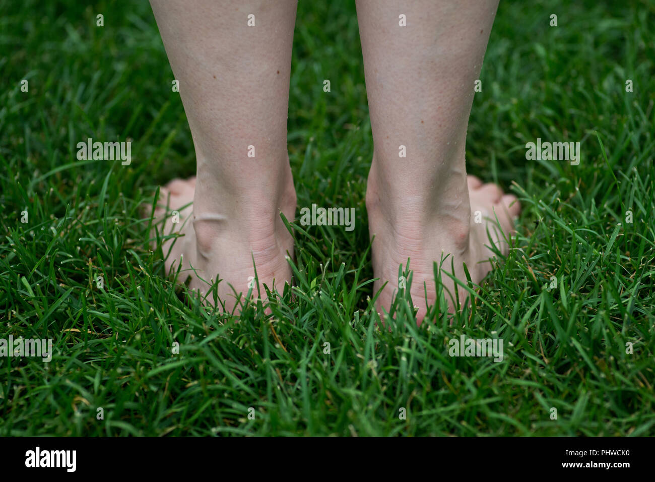 Woman standing on the grass with bare feet. Walking barefoot. Grounding. Stock Photo