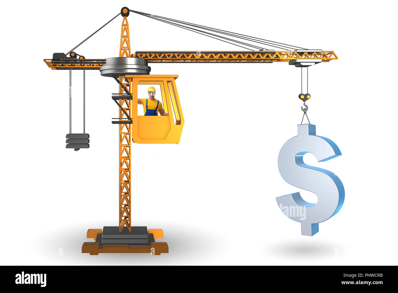 Construction crane lifting dollar in currency business concept Stock
