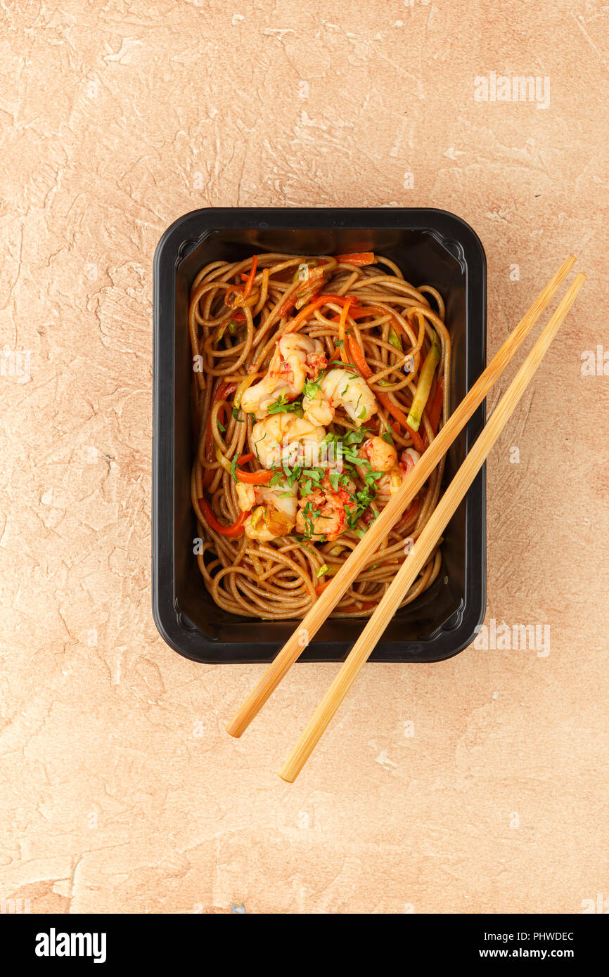 Pasta with vegetables and shrimps Stock Photo