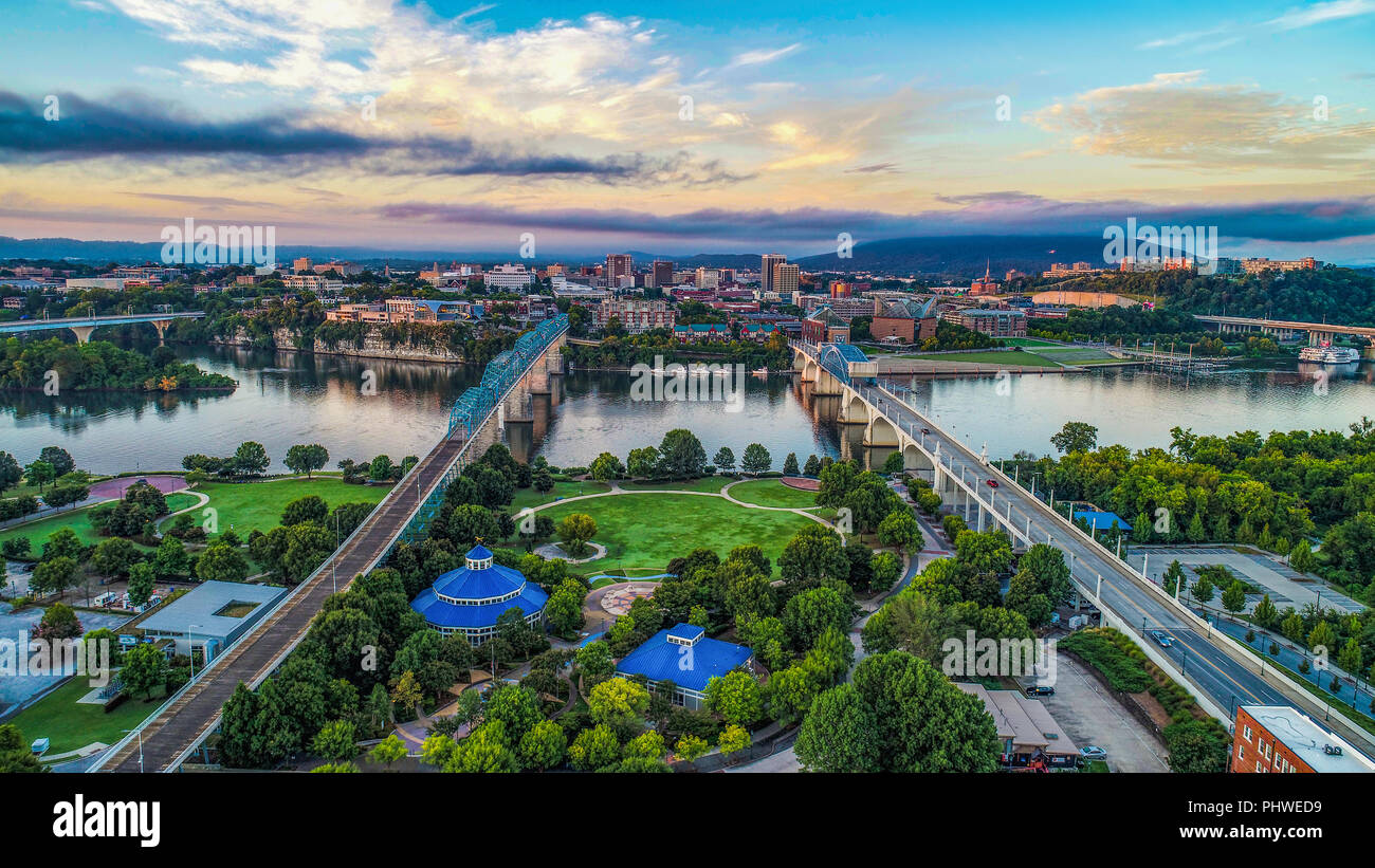 Drone Aerial View of Downtown Chattanooga Tennessee TN Skyline and Tennessee River Stock Photo