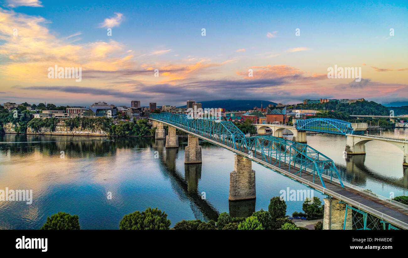 Drone Aerial View of Downtown Chattanooga Tennessee TN and Tennessee River Stock Photo