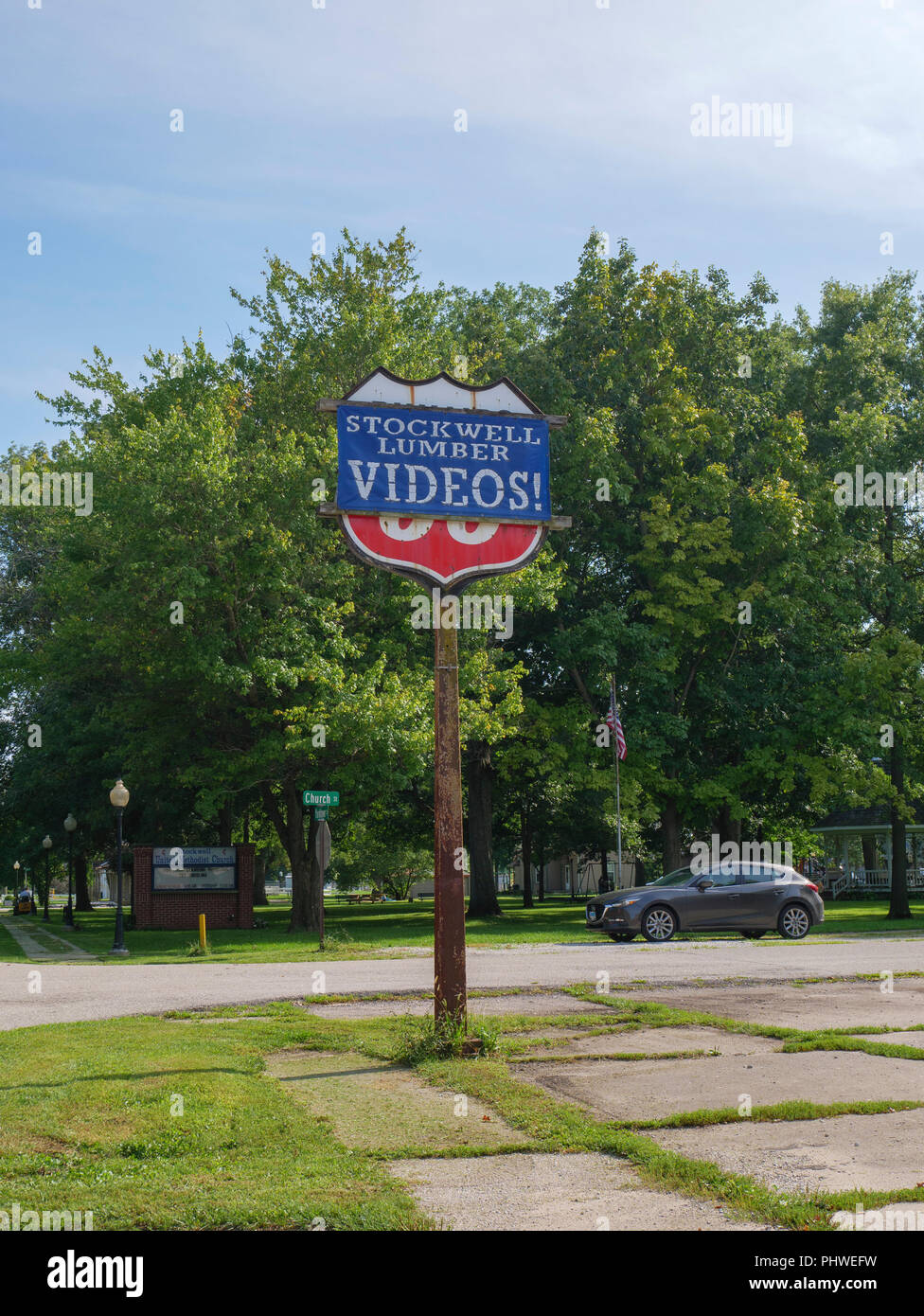 Former gas station now selling lumber and videos. Stockwell, Indiana