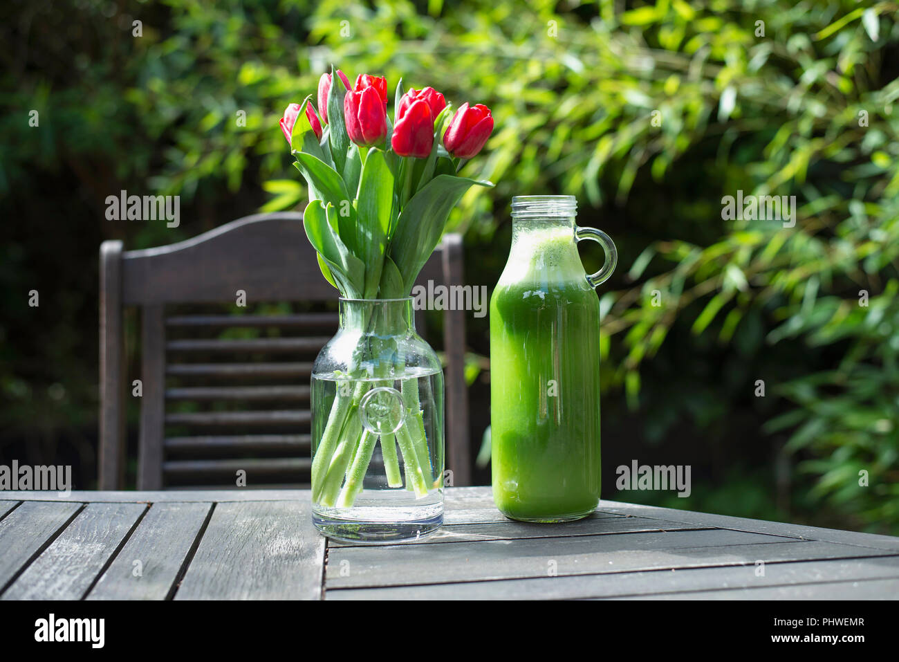 Fresh red tulips and green juice on wooden garden table. Authentic outdoor lifestyle photo with lush green background. RF home decor concept. UK Stock Photo