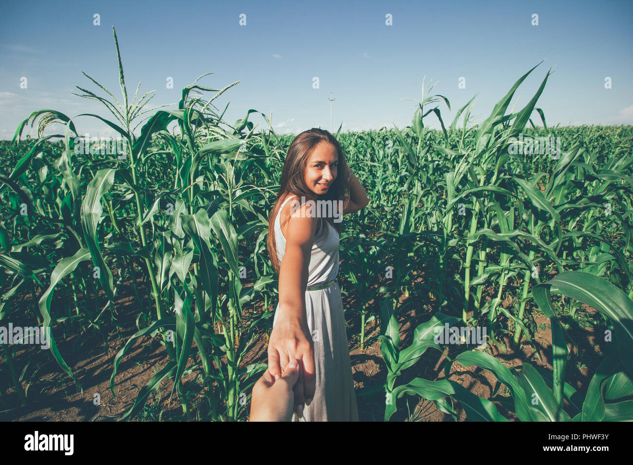 beautiful young woman tanned skin silver dress in the corn field portrait of follow me Stock Photo