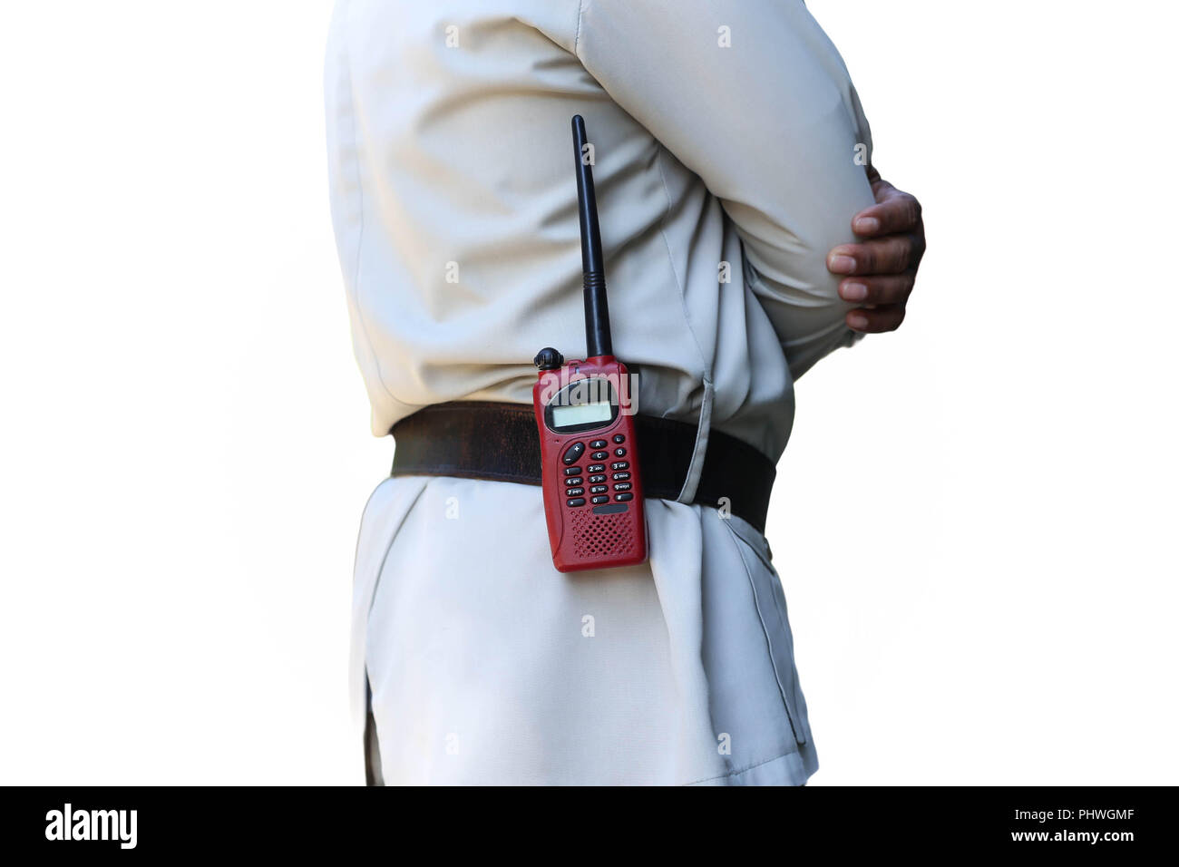 Security guard controlling with walkie radio transmitter Stock Photo