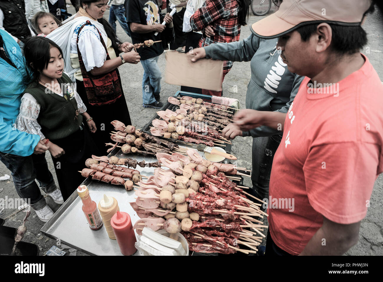Fast food kebabs for sale on street stall in Cotacachi, Ecuador Stock