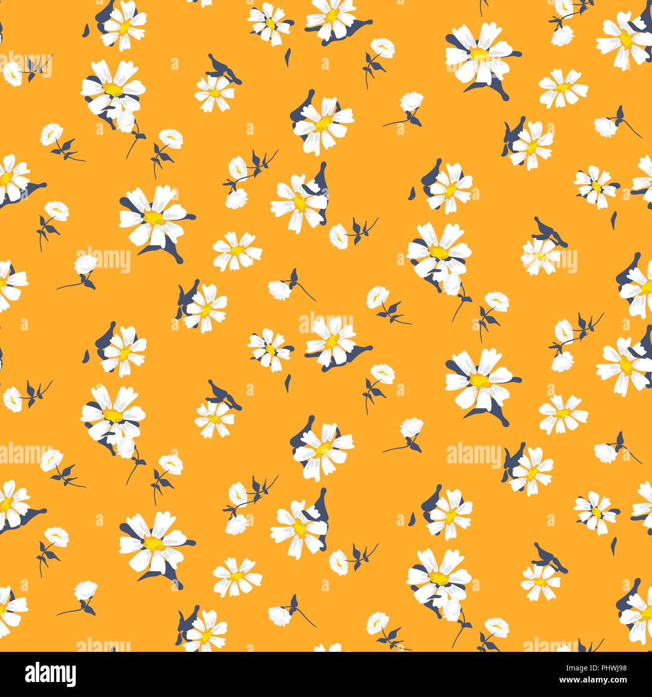 Retro daisy simple yellow florals seamless vector pattern. Stock Vector