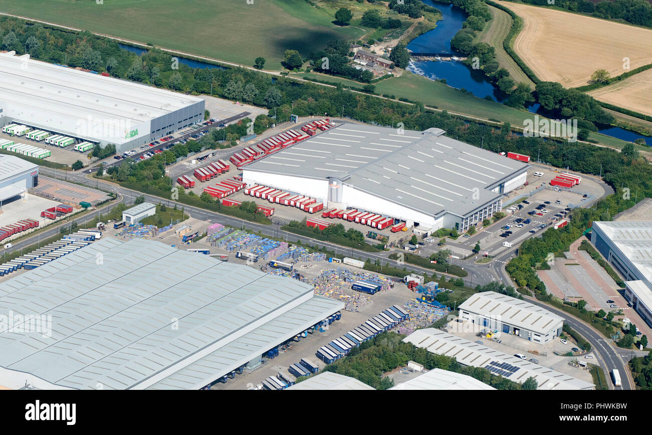 An aerial view of Normanton Distribution Park, West Yorkshire, Northern England, UK, Royal Mail centre with red lorries Stock Photo