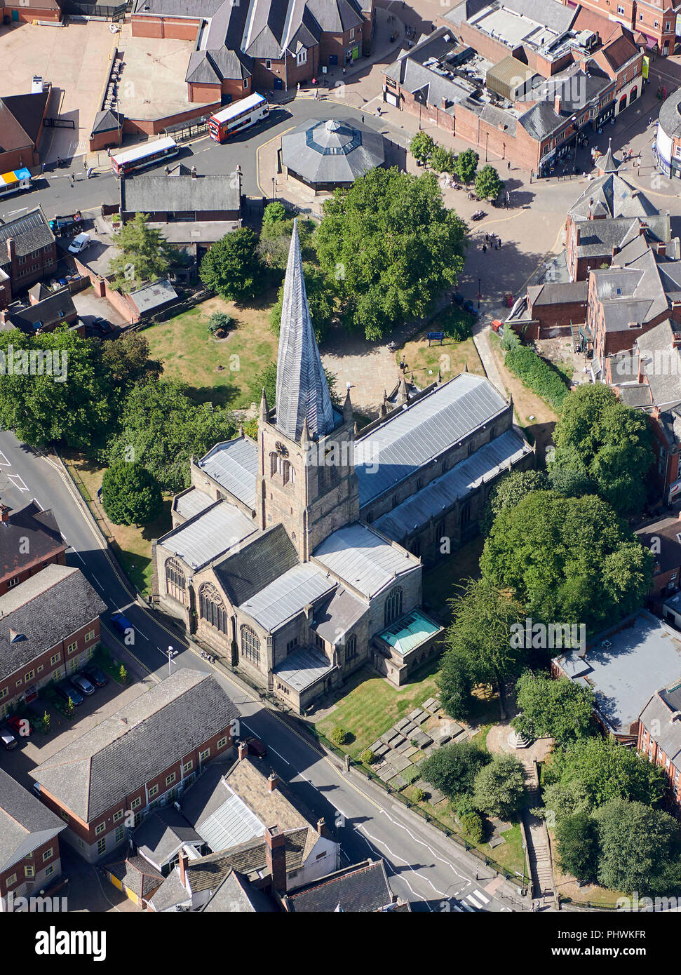 An aerial view of Church of St Mary and All Saints, Chesterfield Town Centre, South Yorkshire, Northern England, UK Stock Photo