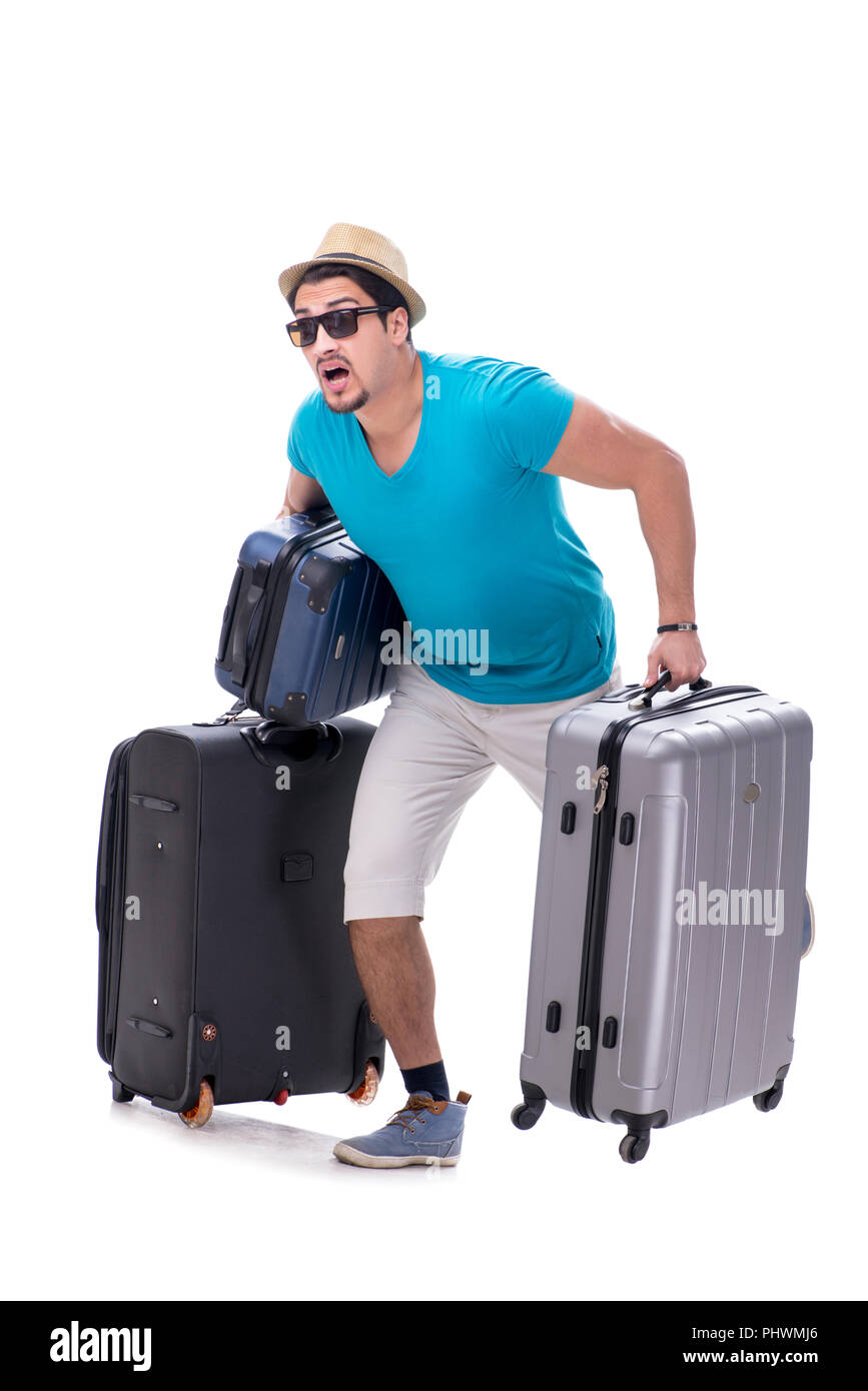 Traveler with much luggage isolated on white background Stock Photo