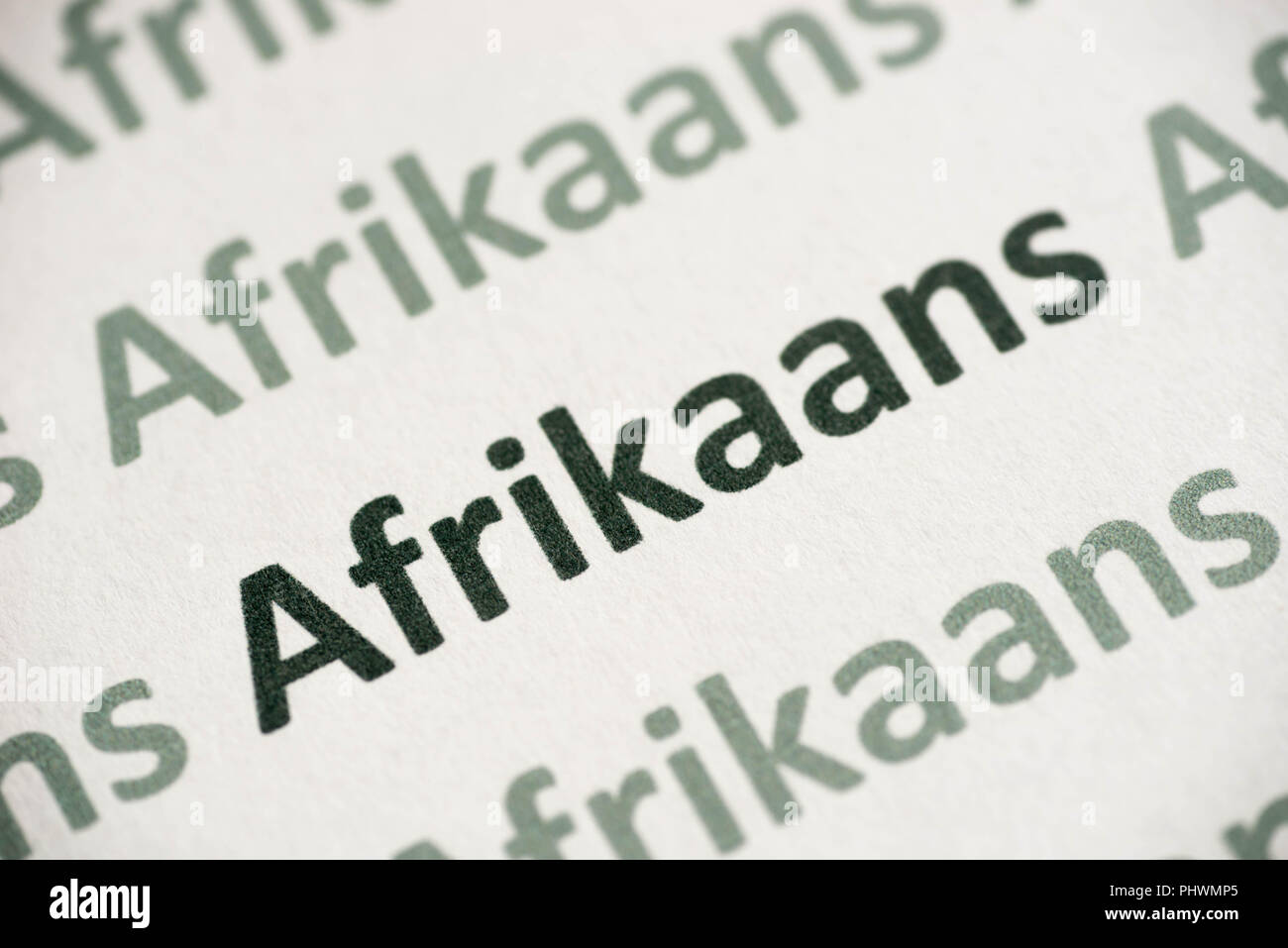 word Afrikaans language printed on white paper macro Stock Photo