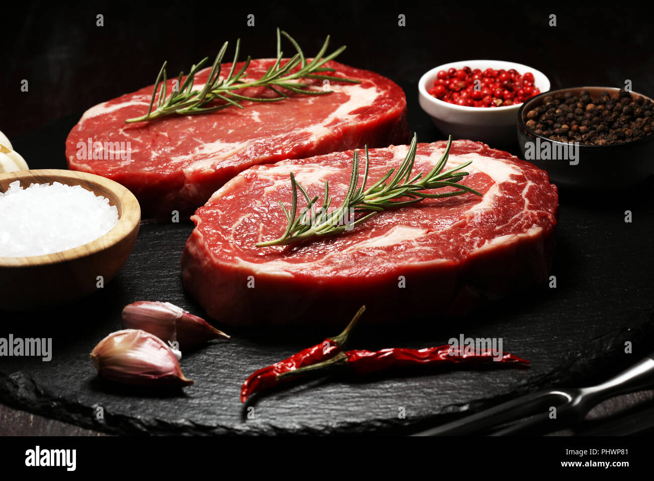 Steak raw. Barbecue Rib Eye Steak, dry Aged Wagyu Entrecote Steak Stock