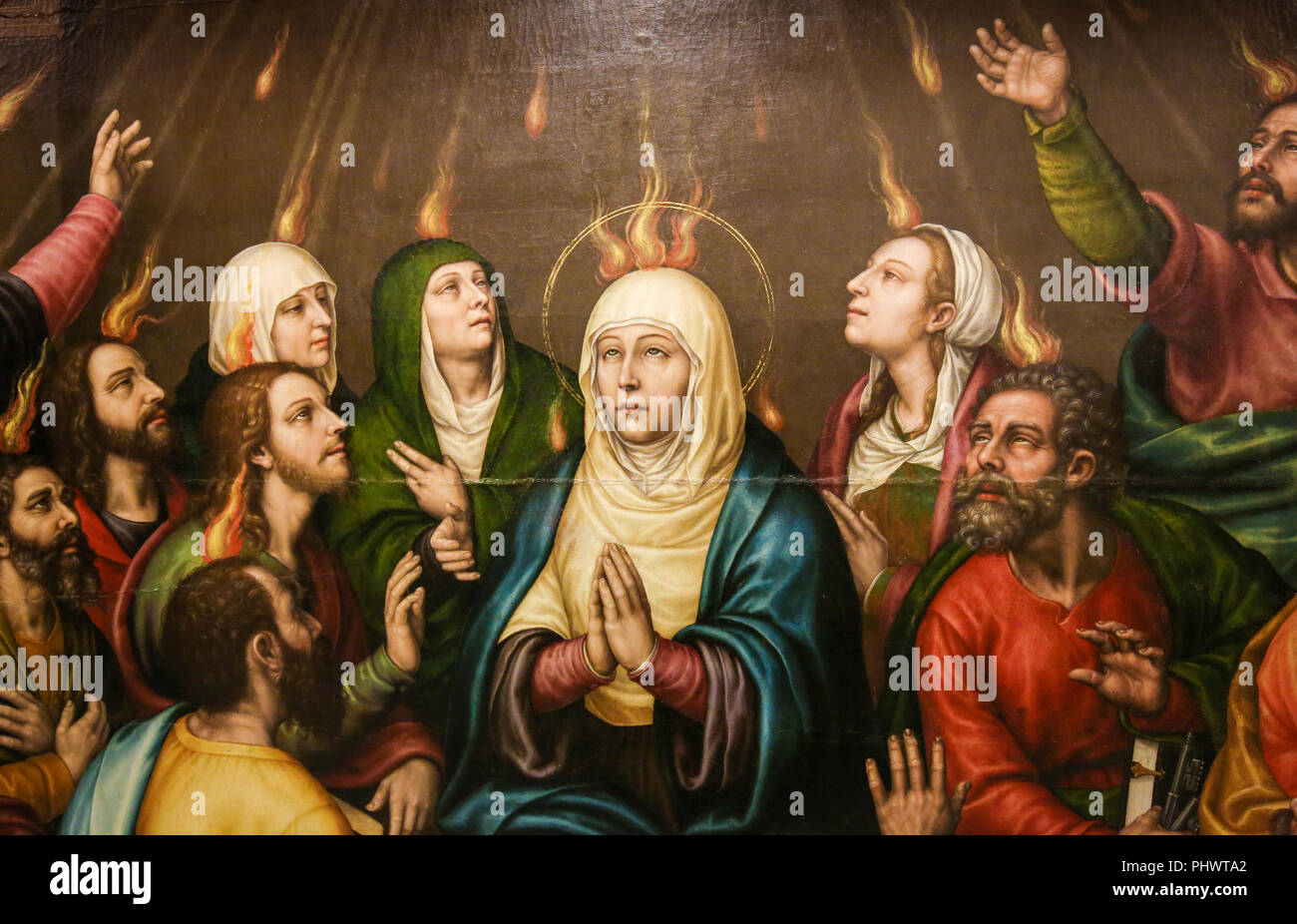 Painting of Mother Mary and the Apostles at Pentecost, in the Church of Valencia, Spain Stock Photo