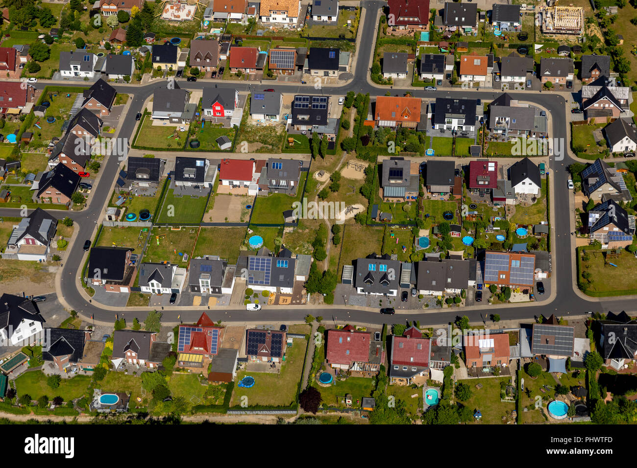 Overview of Dolberg von Osten with new housing estate Lange Wand, Ostdolberg, Ahlen, Ruhrgebiet, Nordrhein-Westfalen, Germany, DEU, Europe, aerial vie Stock Photo