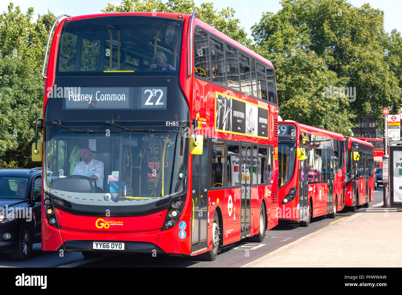 Double-decker buses on Putney Bridge, Putney, London Borough of Wandsworth, Greater London, England, United Kingdom Stock Photo