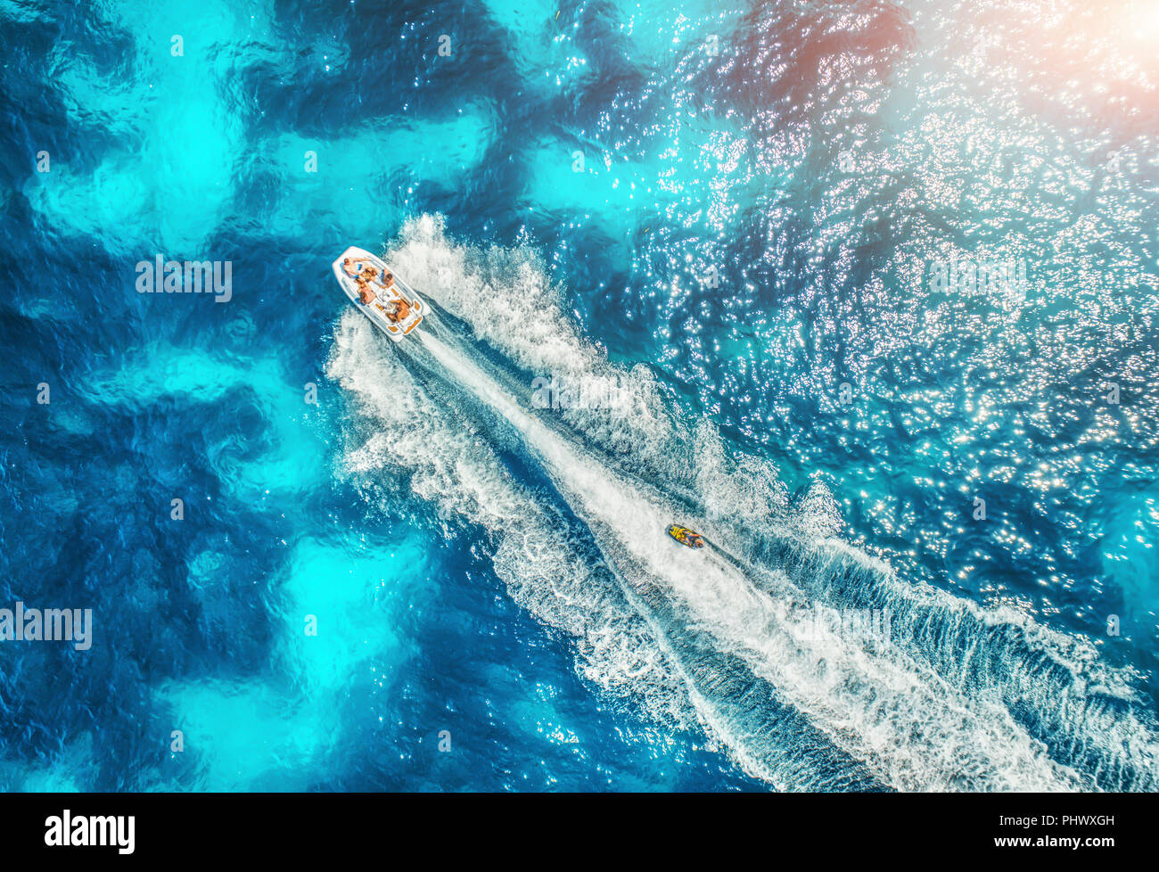 Motorboat at the sea in balearic islands at sunset in summer. Aerial ...