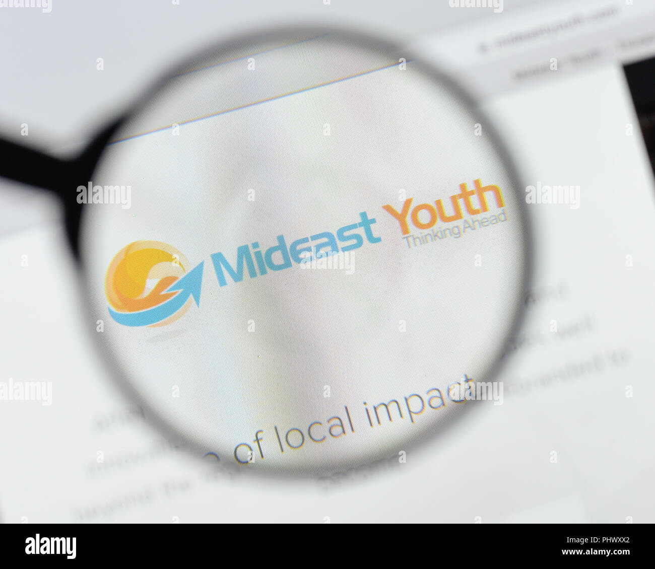 Milan, Italy - August 20, 2018: Mideast Youth website homepage. Mideast Youth logo visible. Stock Photo