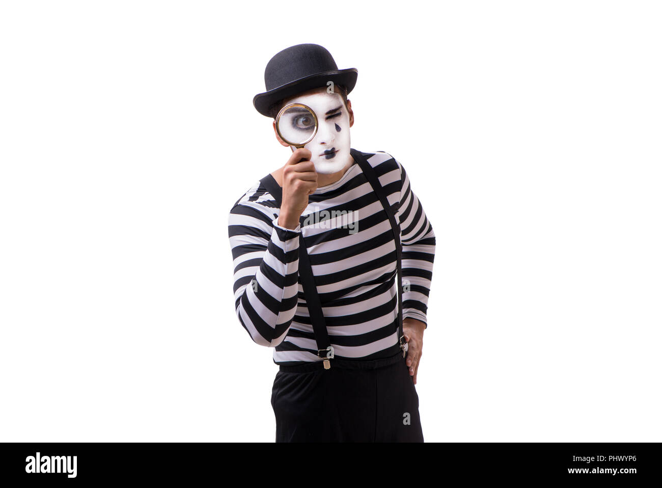 Mime with loupe isolated on white background Stock Photo - Alamy
