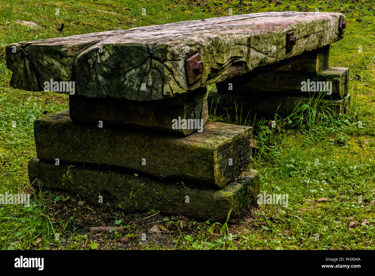 railway sleepers for street furniture in the foreground Stock Photo