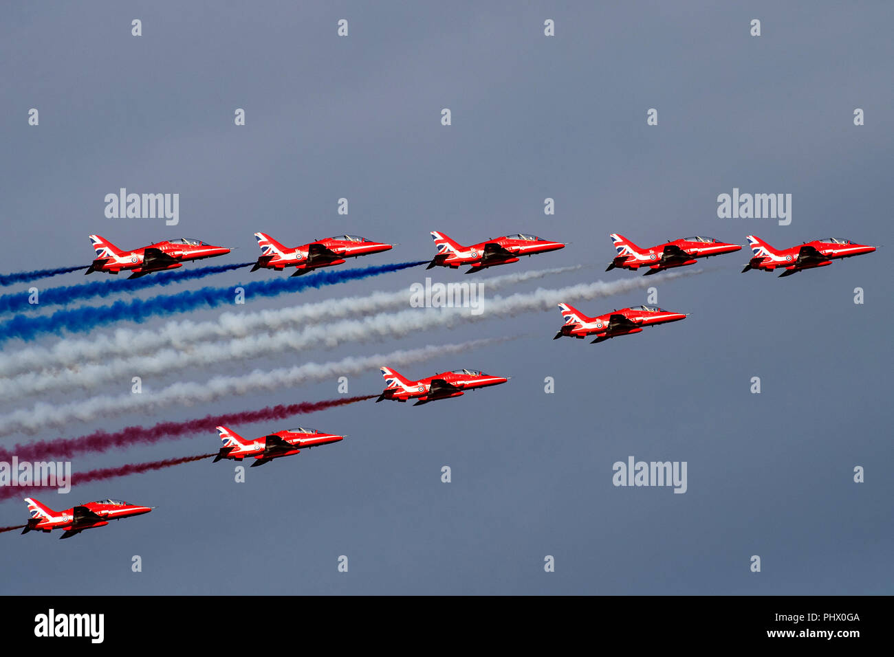 Red Arrows Display at Bournemouth Air Festival, Dorset, UK Stock Photo
