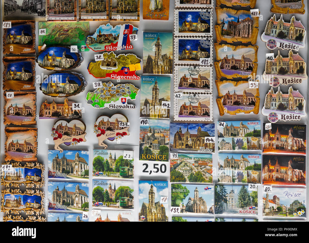 Set of souvenir refrigerator magnets with price tags closeup in Kosice, Slovakia. Stock Photo