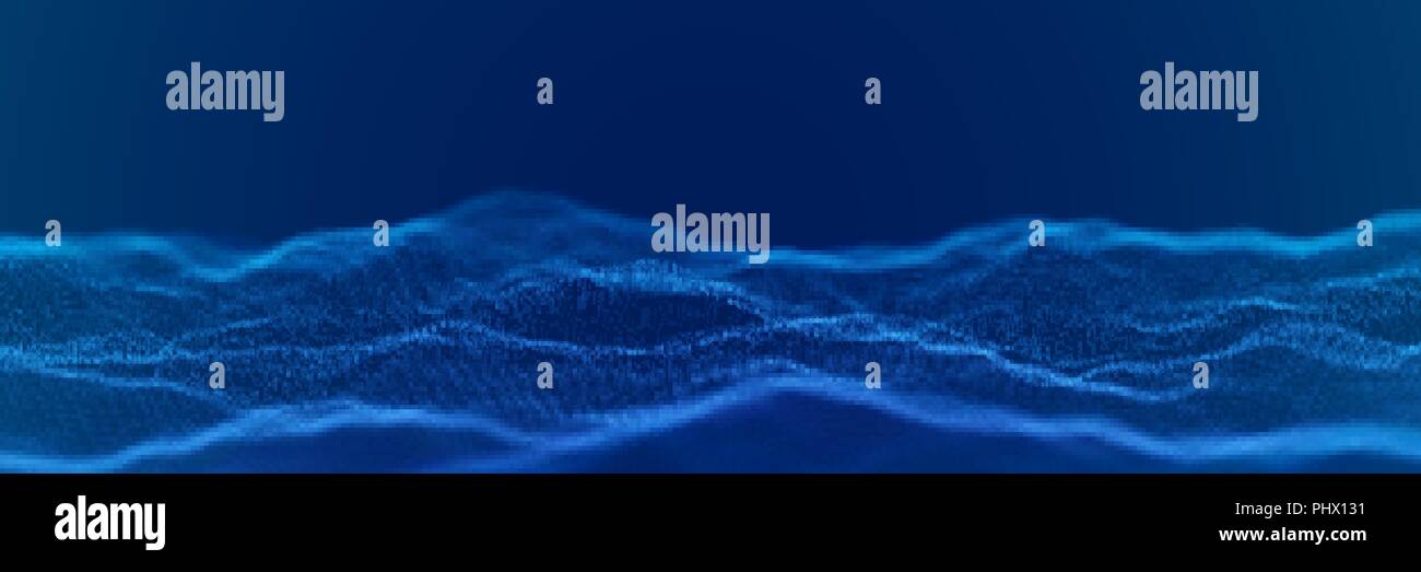 Abstract digital landscape or waves with flowing particles. Stock Vector